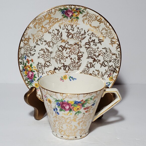 Lord Nelson Ware Teacup Saucer Chintz Floral Gold Vintage - Picture 5 of 8
